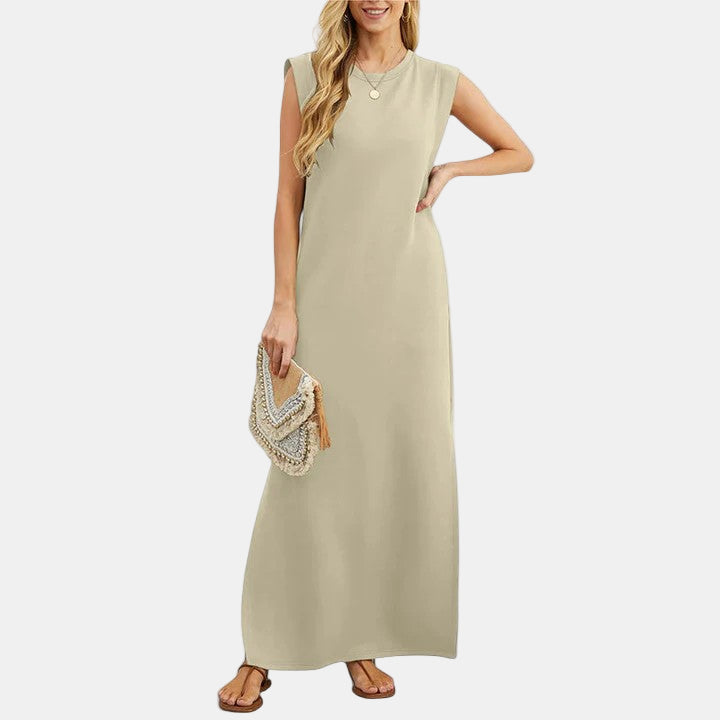 Elegant maxi dress, sleeveless crew neck, beige, straight maxi length
