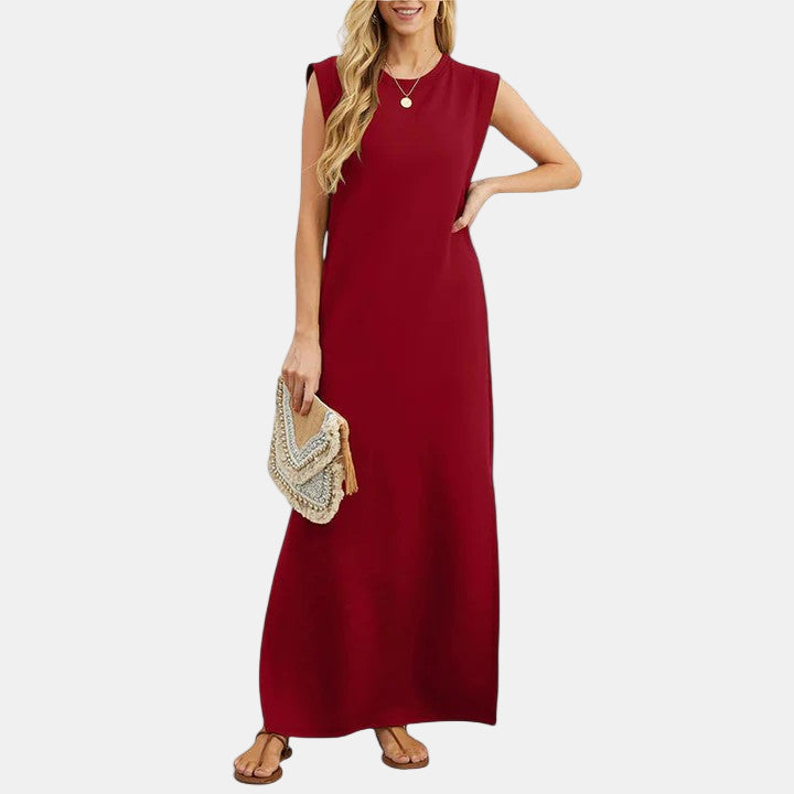 Elegant maxi dress, sleeveless crew neck, red, long straight hem