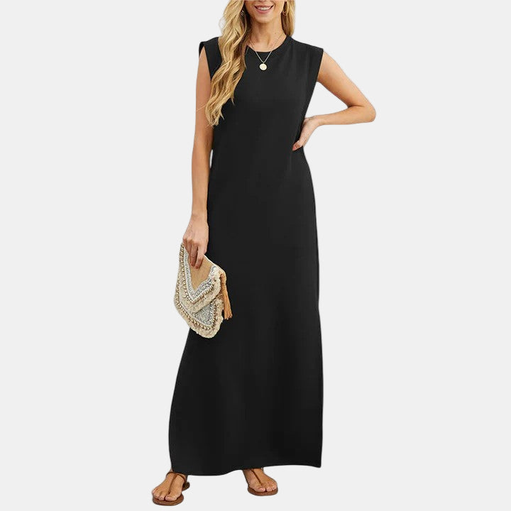 Elegant maxi dress, sleeveless crew neck, black, long straight hem