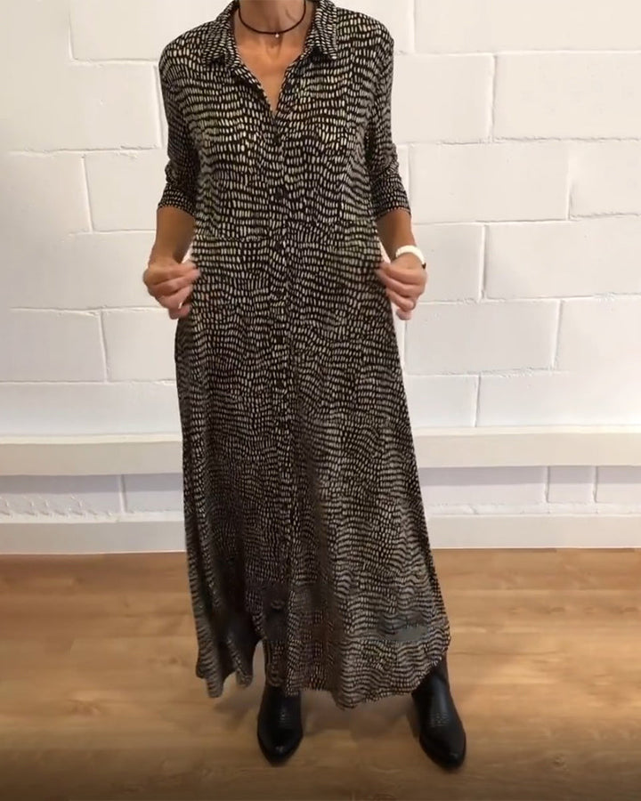 Black patterned relaxed button-front maxi shirt dress with V collar, 3/4 sleeves