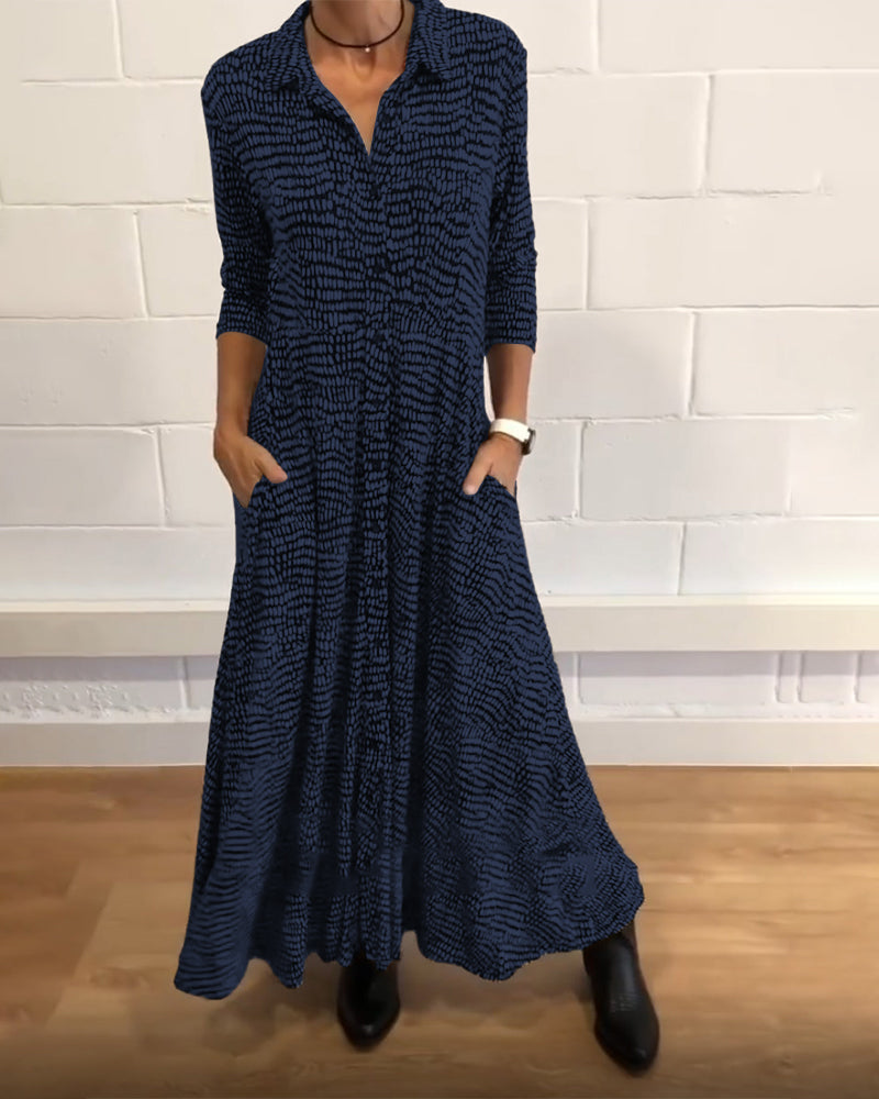 Blue patterned relaxed button-front maxi shirt dress, V collar and 3/4 sleeves