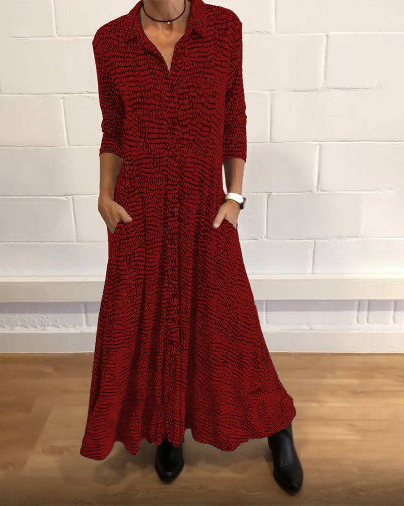 Red patterned relaxed button-front maxi shirt dress, V collar and 3/4 sleeves