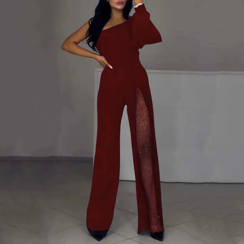 Red one-shoulder flared romper with sheer side panel and wide-leg silhouette