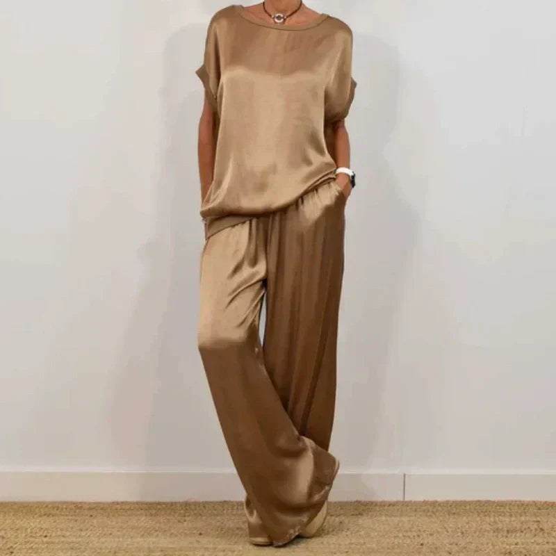 Camel brown blouse and wide-leg pants set, loose short-sleeve top