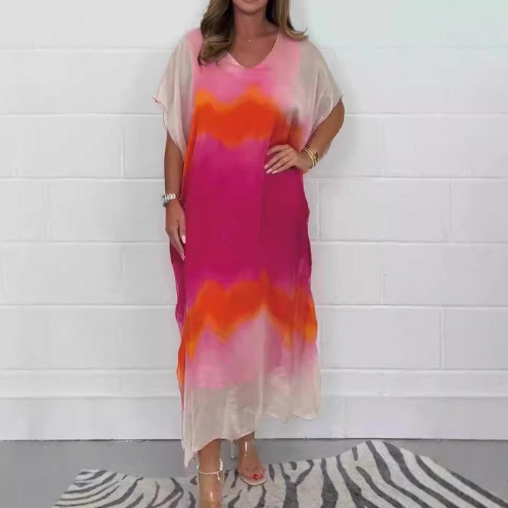 Tie-dye midi dress with V-neck and short dolman sleeves, pink-orange gradient