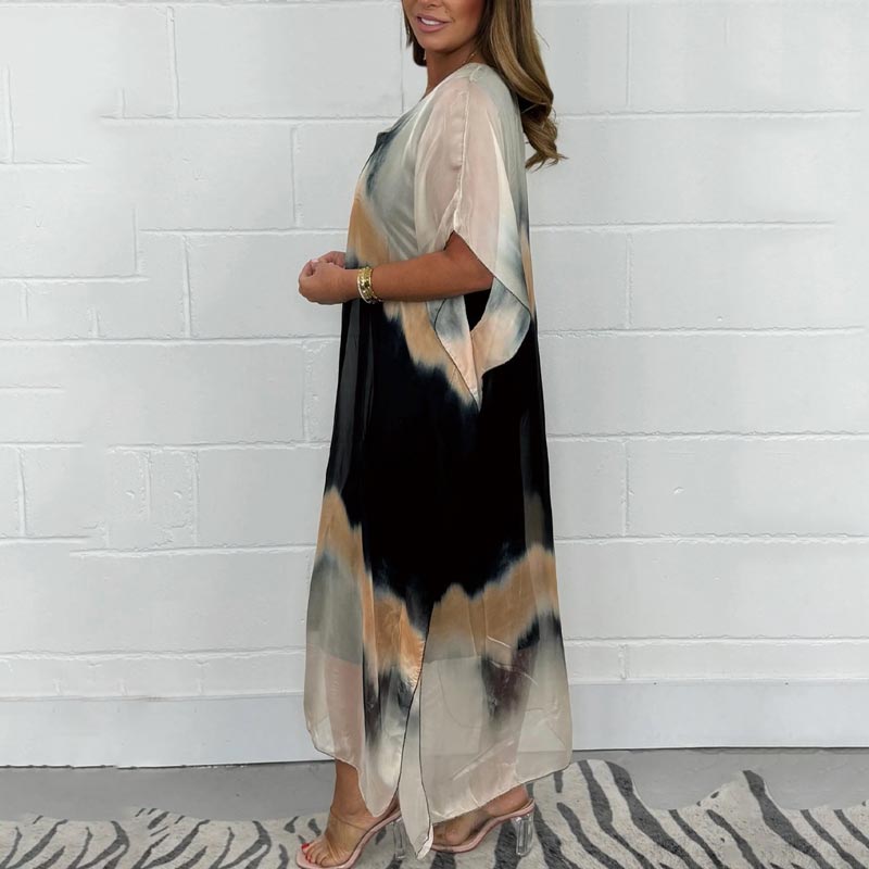 Tie-dye midi dress with V-neck and short dolman sleeves, dark and cream abstract print
