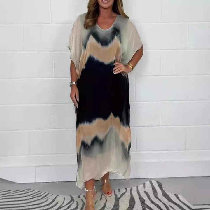 Tie-dye midi dress with V-neck and short dolman sleeves, black and cream blend