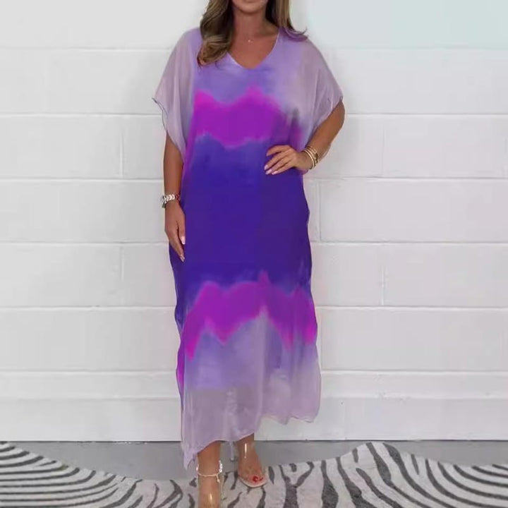 Tie-dye midi dress with V-neck and short dolman sleeves, purple and lavender gradient