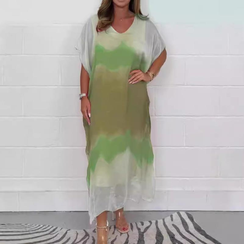 Tie-dye midi dress with V-neck and short dolman sleeves, light green and pale cream blend