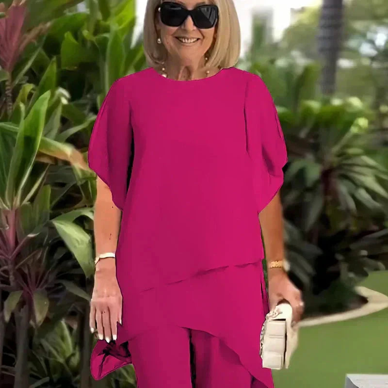 Pink layered short-sleeve top and wide-leg trousers set, loose fit