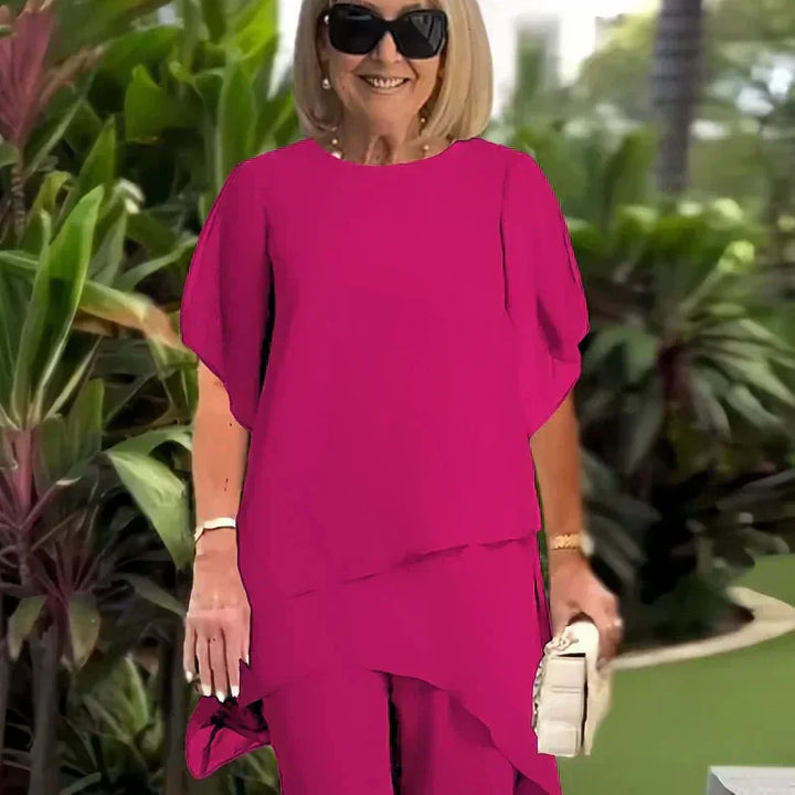 Pink layered short-sleeve top and wide-leg trousers set, loose fit
