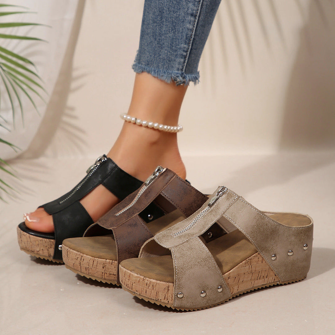 Wedge sandals with cork-look platform, stud accents, and zip ankle straps (pair)
