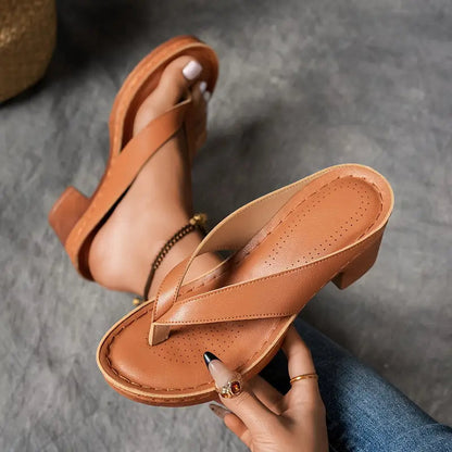 Tan thong sandals with perforated footbed and chunky block heel