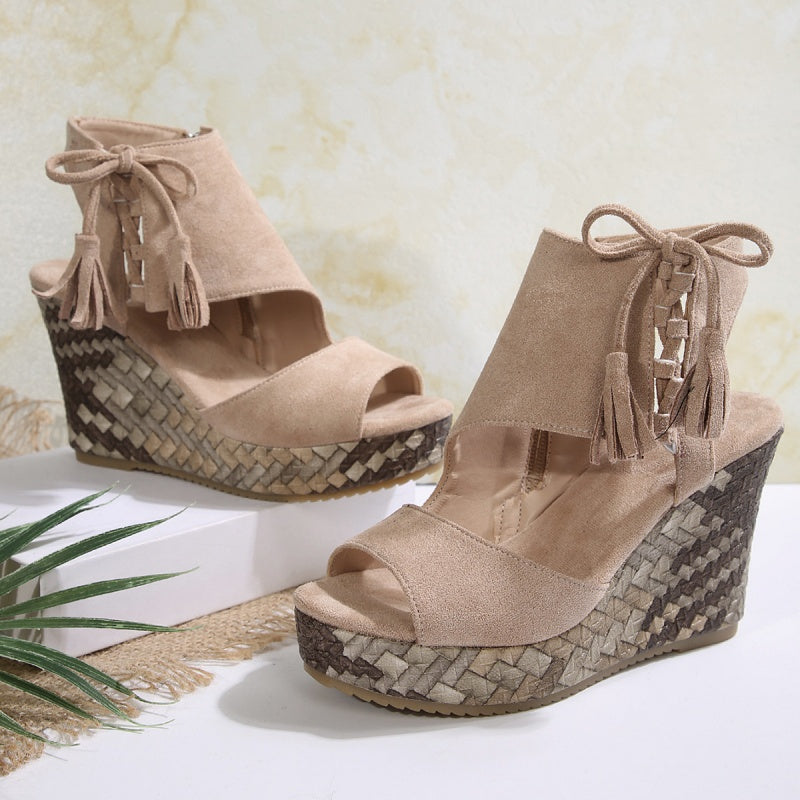 Beige suede-look ergonomic wedge sandals with tassel laces and woven sole