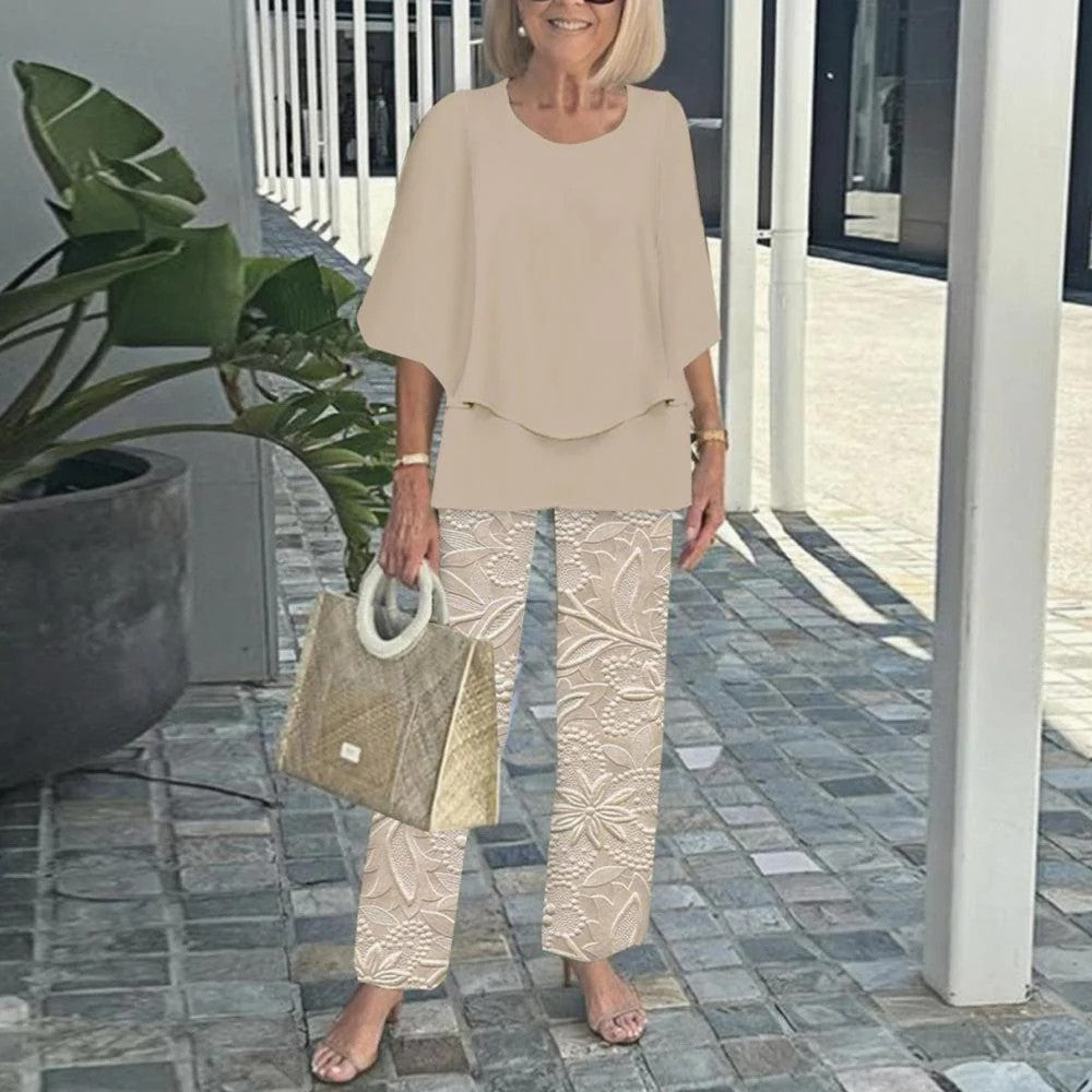 Beige two-piece set with short-sleeve top and wide-leg floral lace-pattern trousers