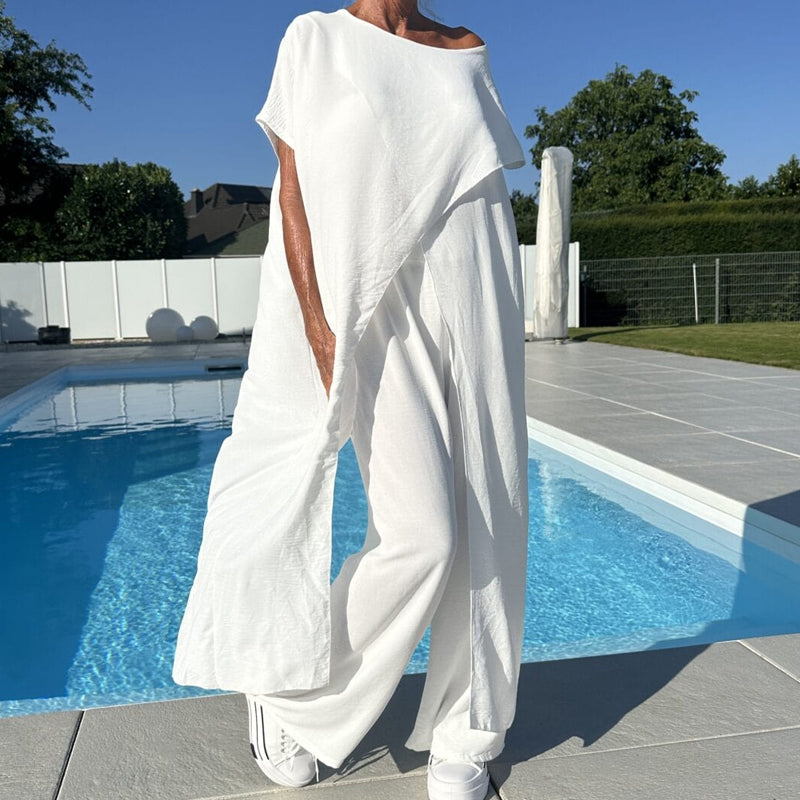 Two-piece set with off-shoulder white top and flowy wide-leg pants