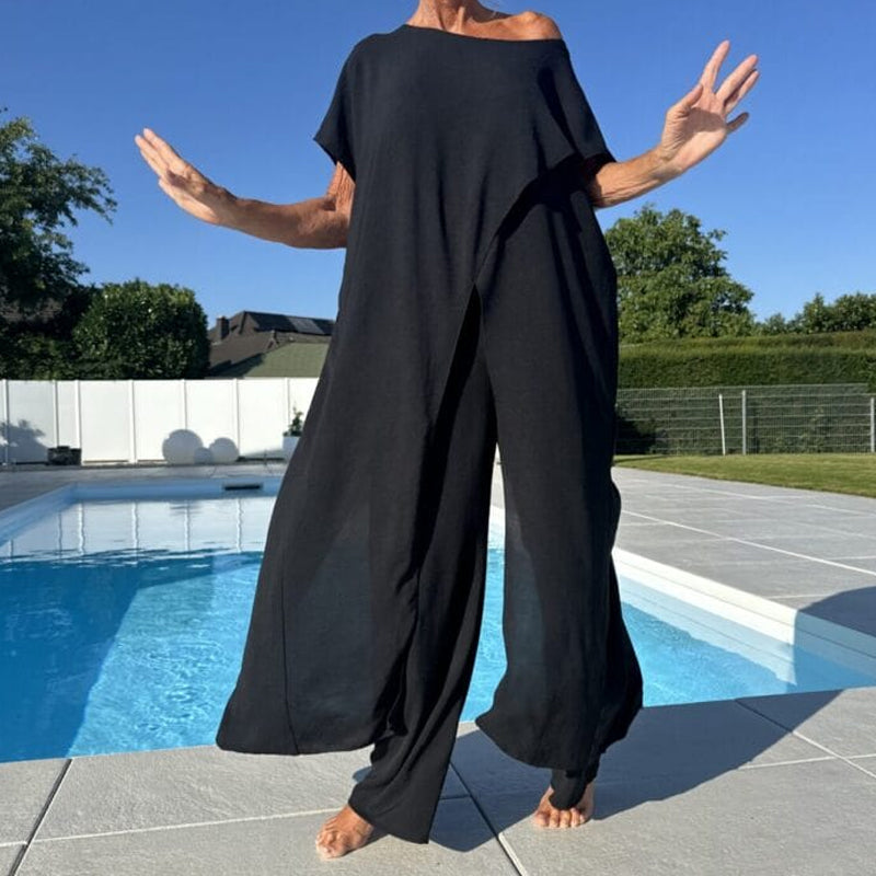 Two-piece set with off-shoulder black top and wide-leg pants, relaxed fit