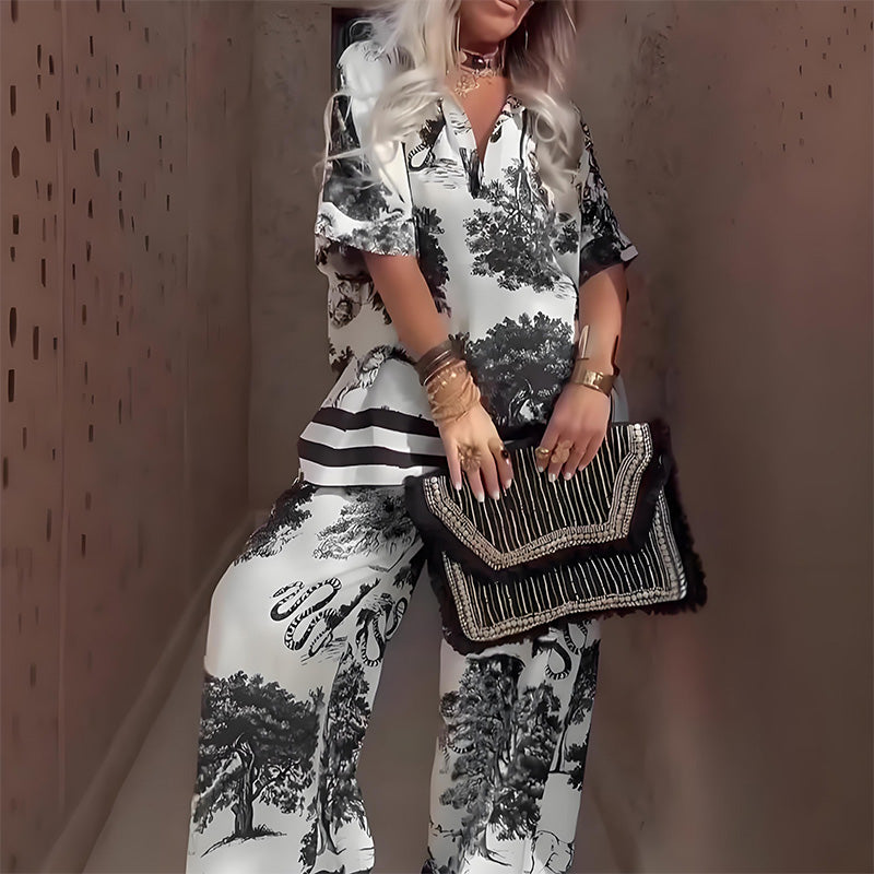 Printed V-neck top and long pants set, white with black forest scene and stripe accents