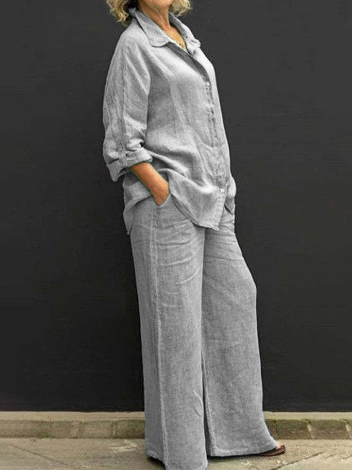 Grey two-piece set: button-up collared shirt and wide-leg pants with pockets