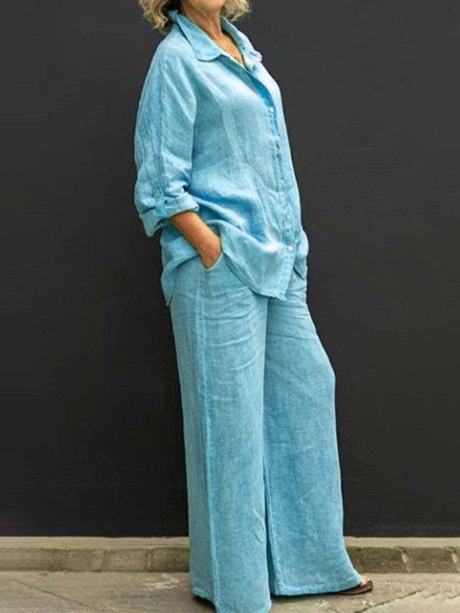 Light blue two-piece set: button-up collared shirt and wide-leg pants with pockets