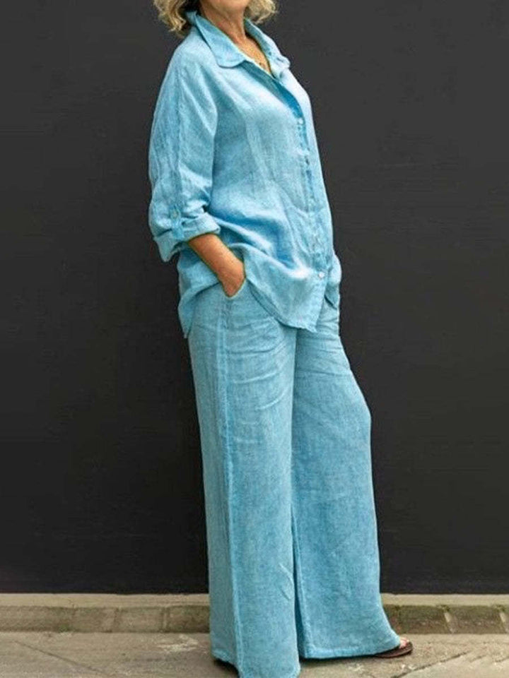 Light blue two-piece set: button-up collared shirt and wide-leg pants with pockets
