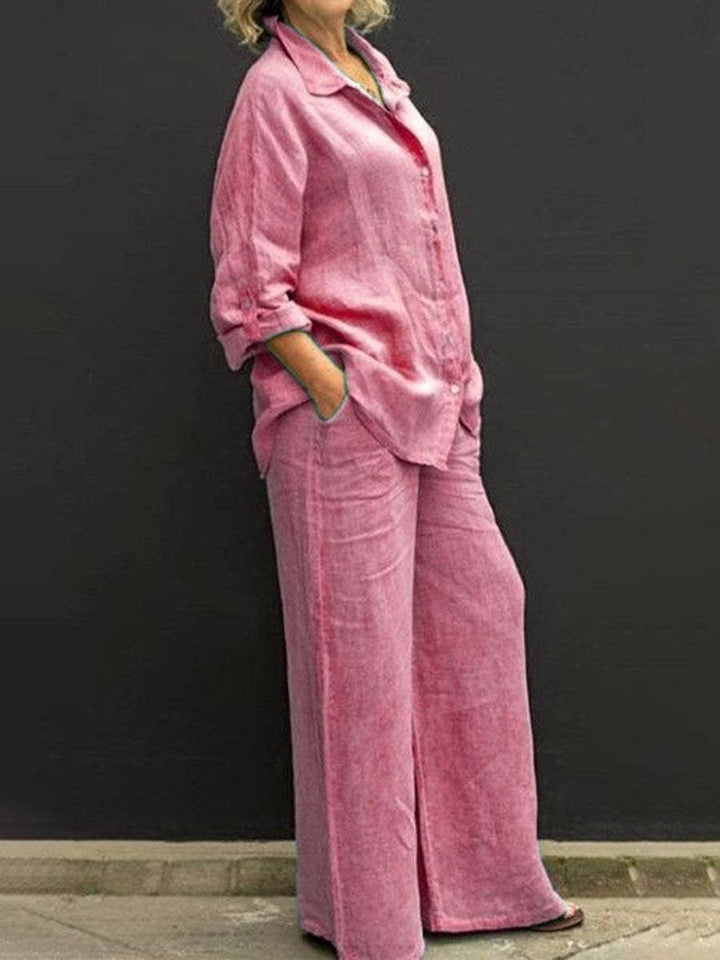 Pink two-piece set: button-up collared shirt and wide-leg pants with pockets