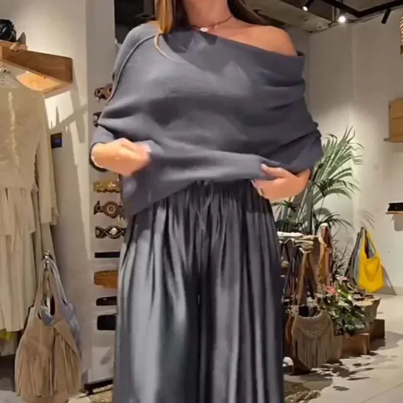 Off-shoulder dress set in grey with draped top and pleated maxi skirt