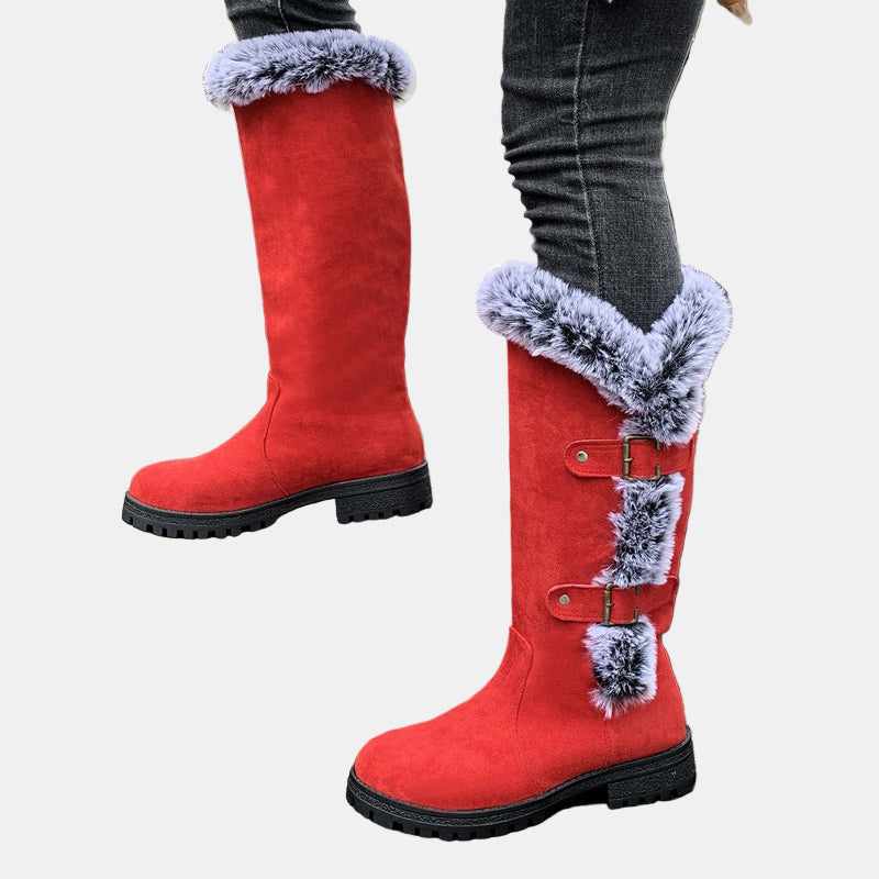 Red mid-calf suede boots with light blue faux-fur cuffs and buckle strap accents