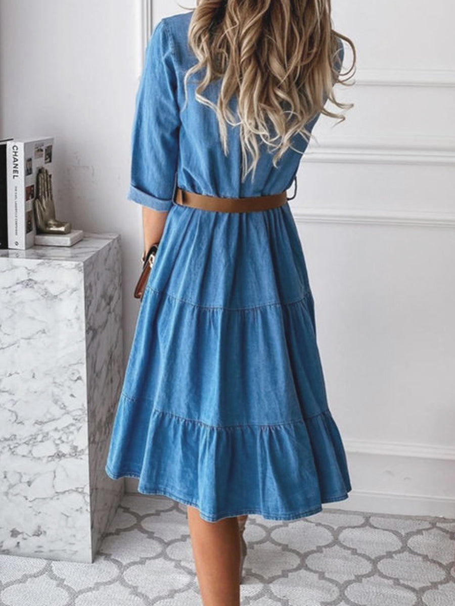 Light blue denim shirt dress, tiered skirt and back view with waist belt.