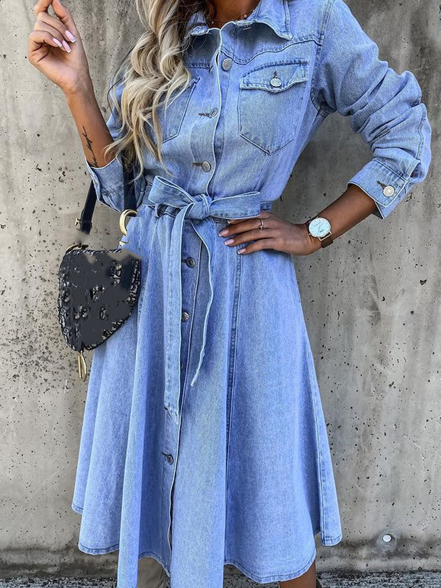 Light blue long-sleeve denim shirt dress with button front and tied waist