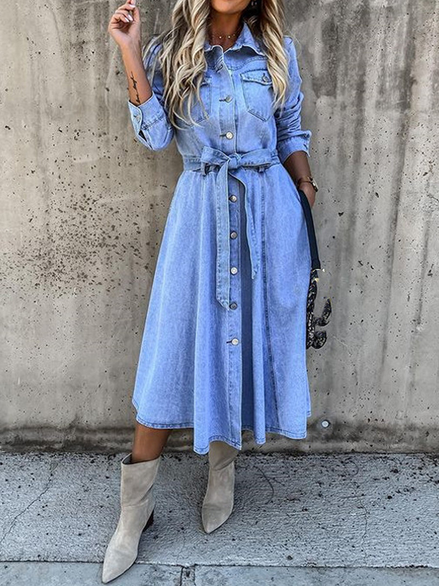Light blue denim midi dress with tied waist and long sleeves