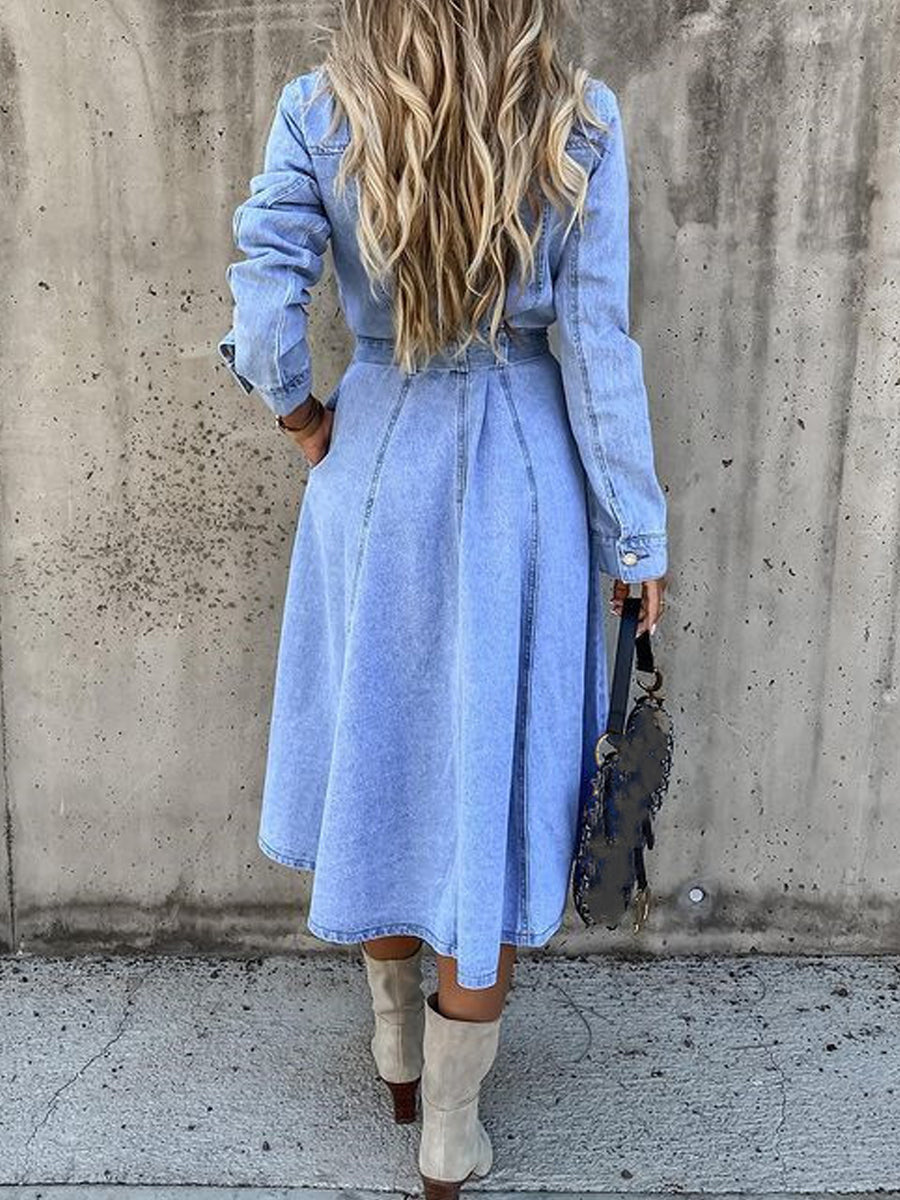 Light blue long-sleeve denim midi dress with tied waist