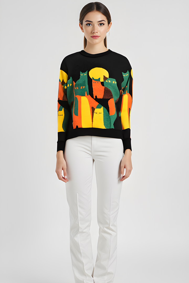 Unisex cat sweater, black knit with colorful cat graphic scene on front