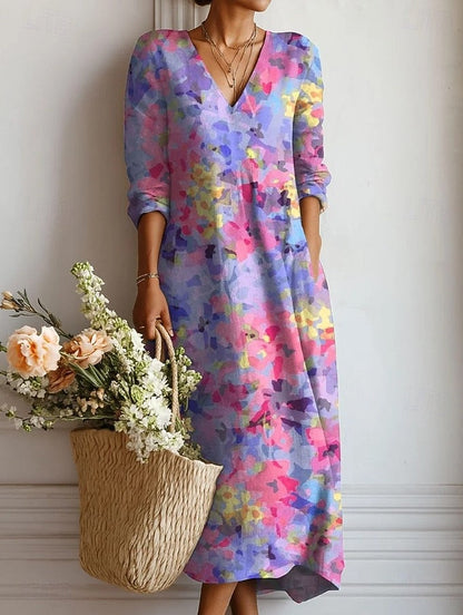 Everyday Comfort Dress with V-neck and multicolor watercolor print, 3/4 sleeves