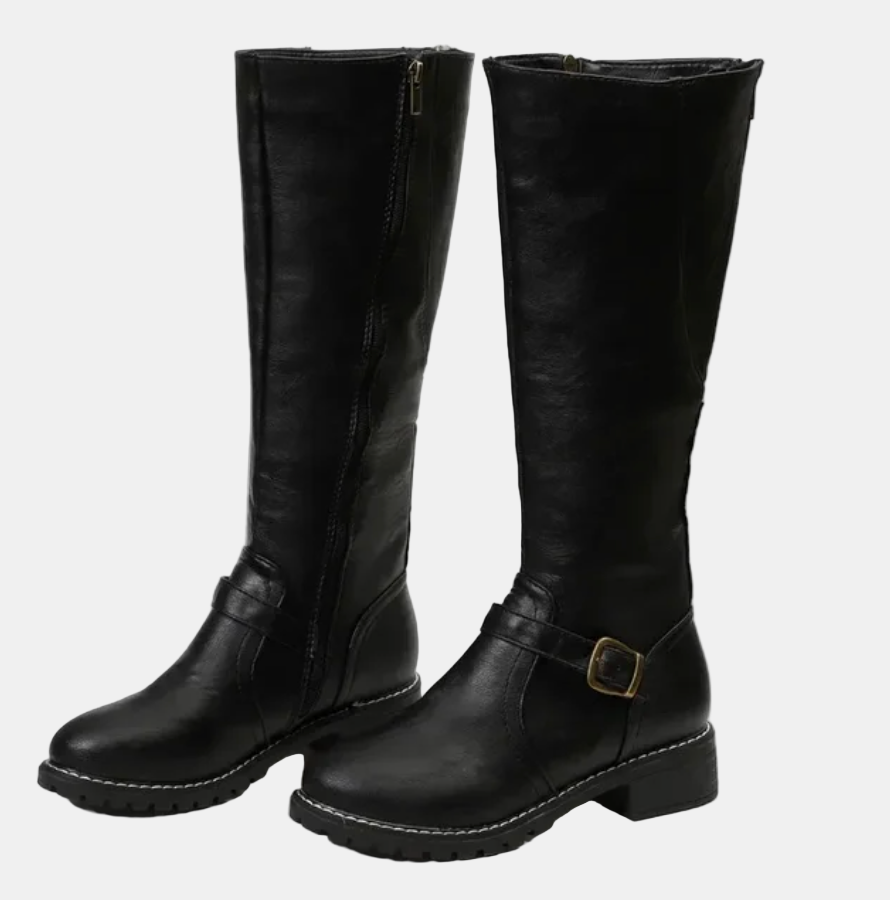 Black tall boots with side buckle strap and zip-up front
