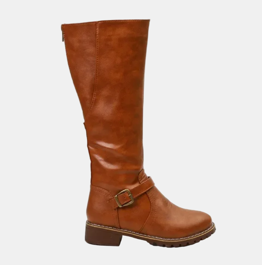 Brown tall riding boots with buckle strap and block heel