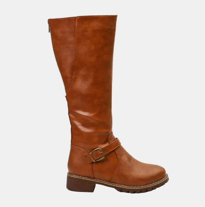 Brown tall riding boots with buckle strap and block heel
