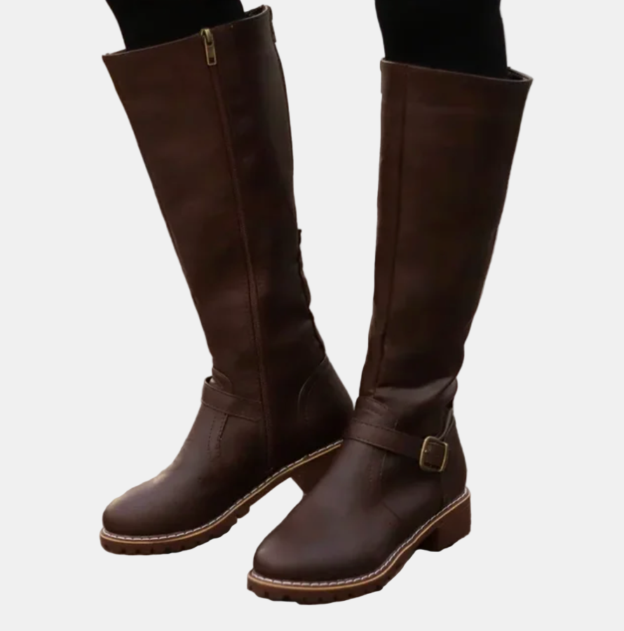 Dark brown tall boots with side buckle strap and chunky sole
