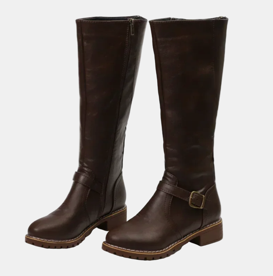 Dark brown tall boots with ankle buckle and low block heel