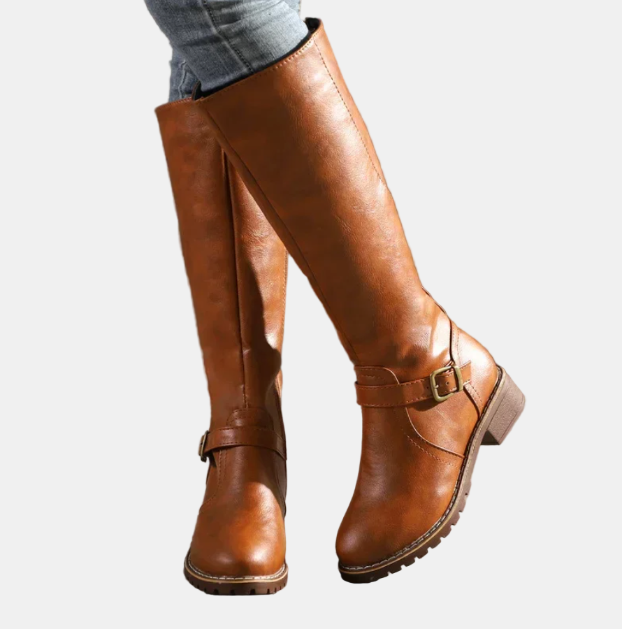 Tan-brown tall boots with side buckle strap and block heel