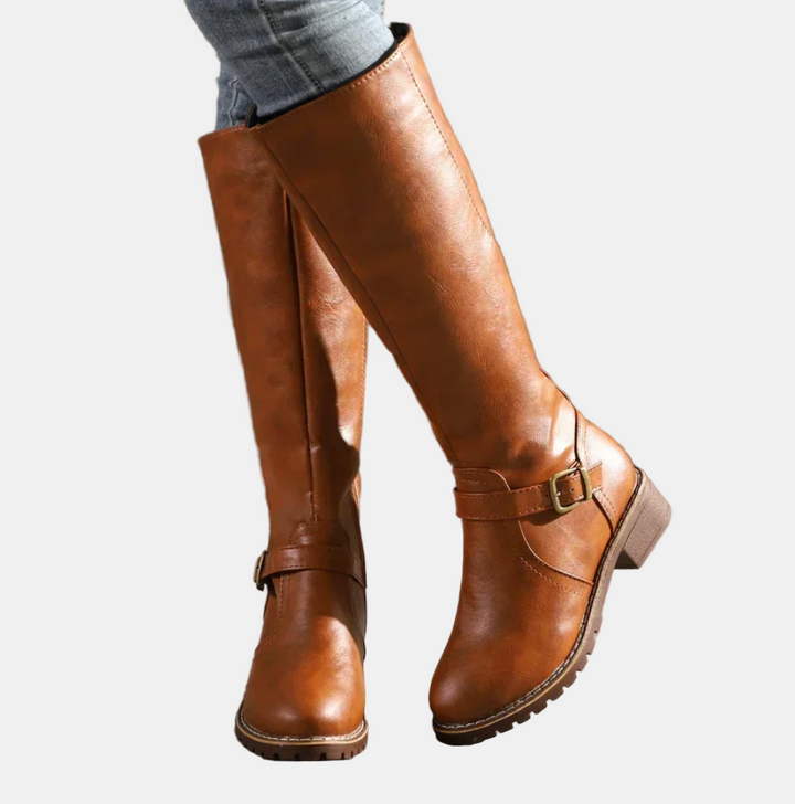 Tan-brown tall boots with side buckle strap and block heel