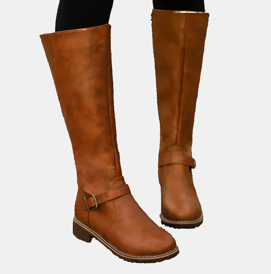 Brown tall boots with low heel, round toe, and side buckle strap