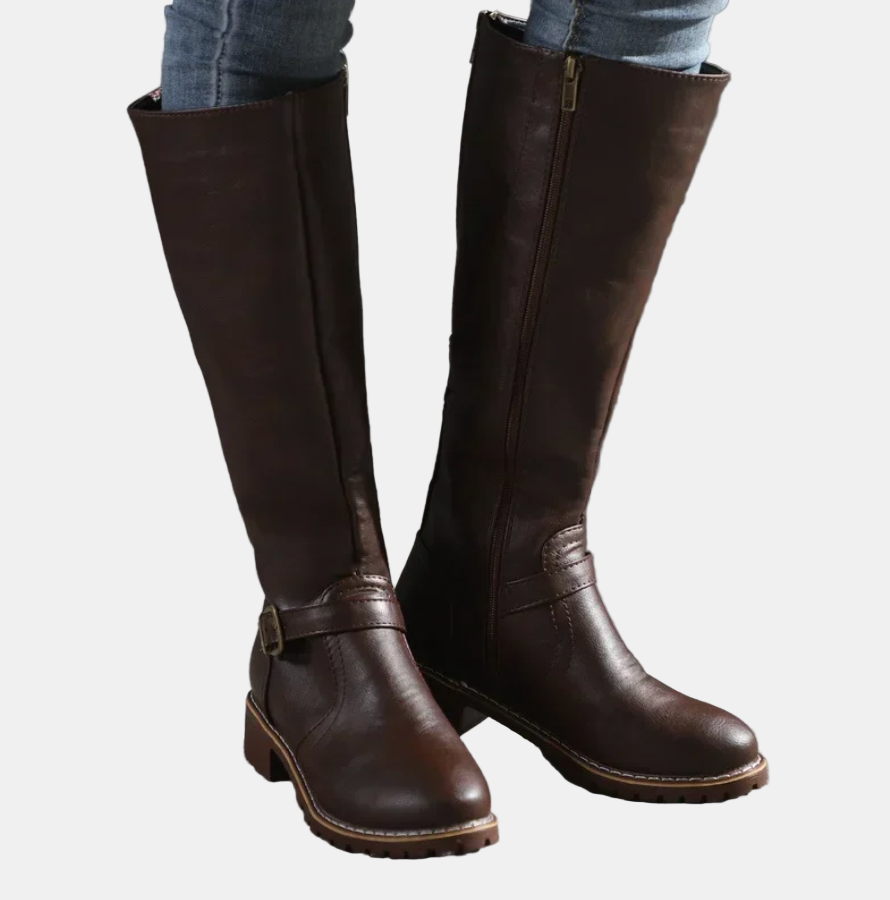 Dark brown tall boots with side strap buckle and block heel