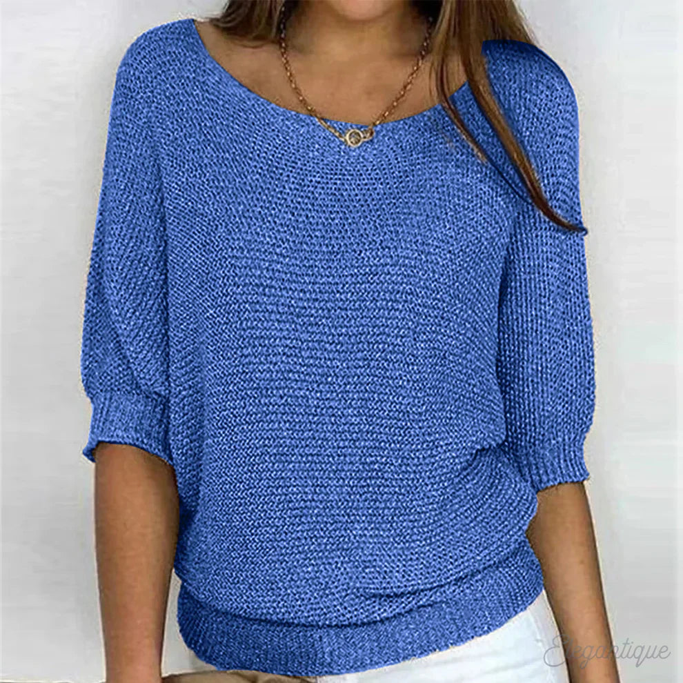 Lightweight knit sweater in blue, scoop neck with small button, 3/4 sleeves