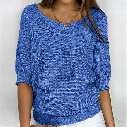 Lightweight knit sweater in blue, scoop neck with small button, 3/4 sleeves