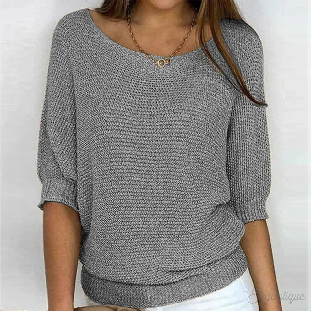 Lightweight knit sweater in gray, scoop neck with small button, 3/4 sleeves