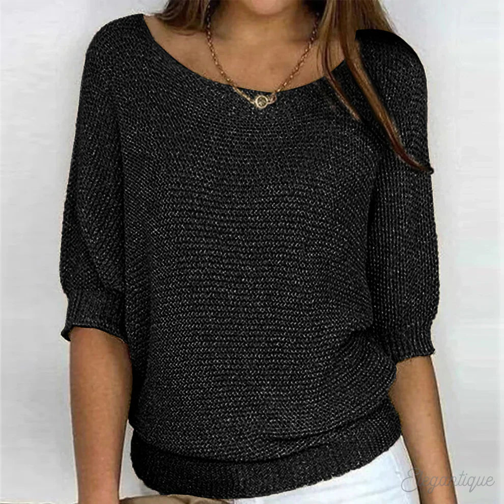 Lightweight knit sweater in black, scoop neck with small button, 3/4 sleeves