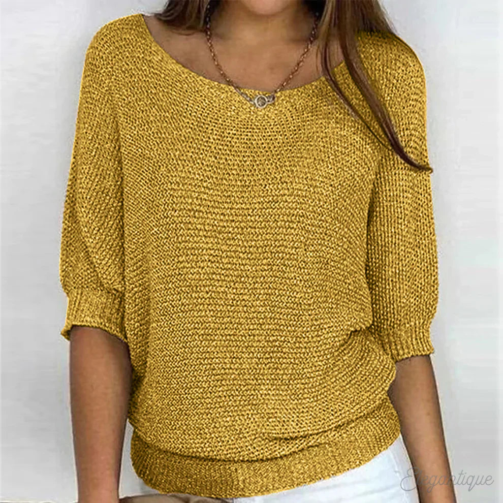 Lightweight knit sweater in mustard yellow, scoop neck with small button, 3/4 sleeves