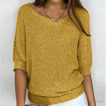 Lightweight knit sweater in mustard yellow, scoop neck with small button, 3/4 sleeves