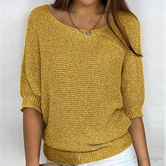 Lightweight knit sweater in mustard yellow, scoop neck with small button, 3/4 sleeves